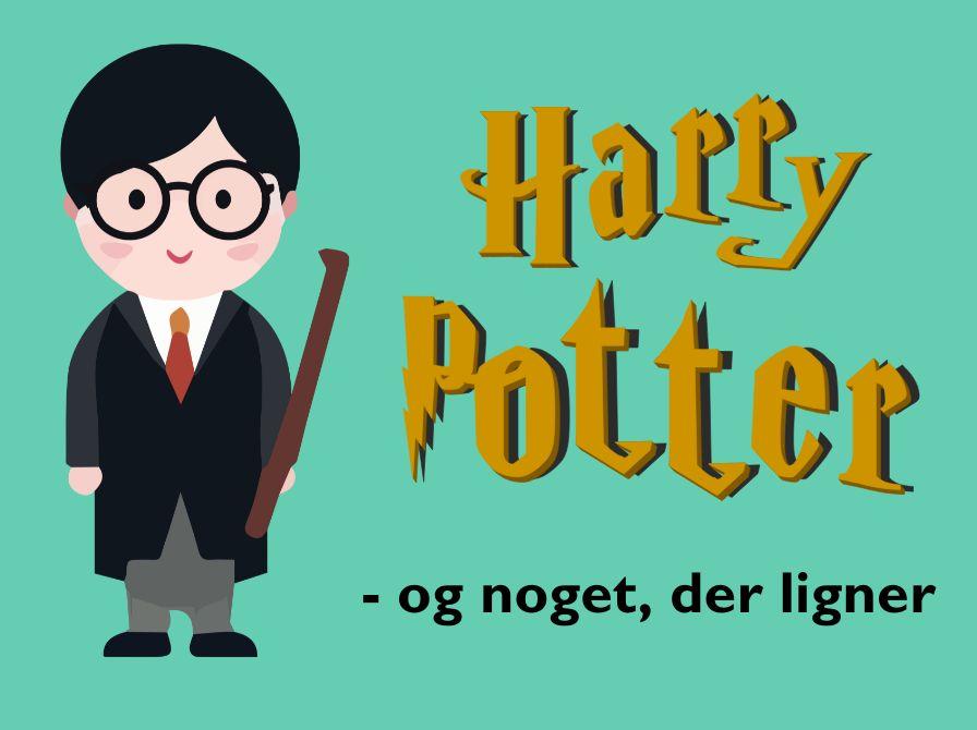 Turkis baggrund og teksten "Harry Potter - og noget, der linger" samt en grafik med Harry Potter, der holder en tryllestav